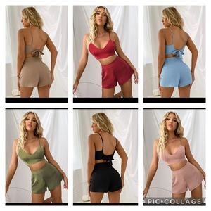 💕Lot of 6 Shein Solid Cami Top Shorts Set Large Red Blue Pink Green High Waist